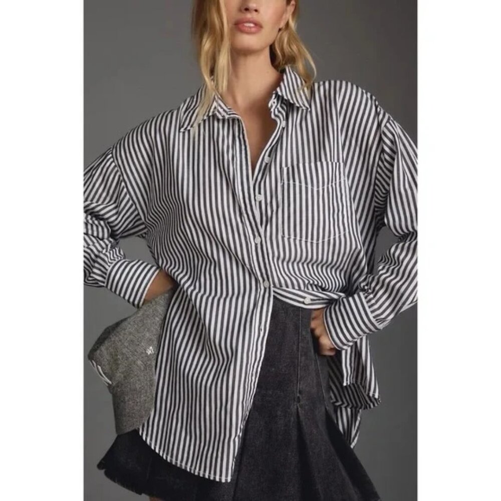 Anthropologie Maeve Navy and White Striped Shirt oversized